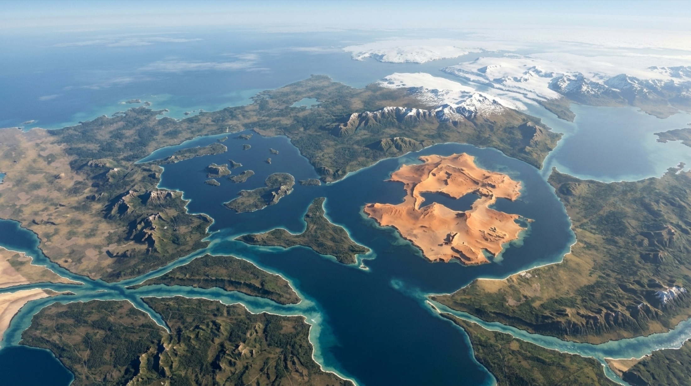 The Aegis Basin from altitude: snowfields, islands, straits and open water