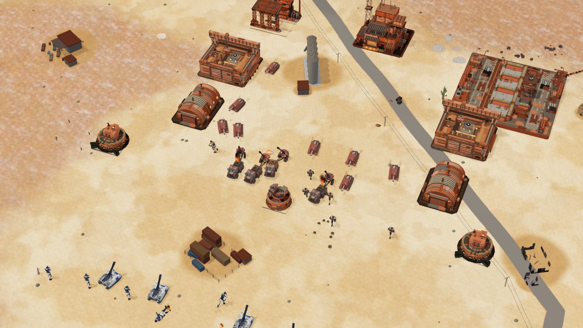 A Syndicate compound at Iragolvale: rigs and sheds behind rust-red armour and infantry mid-firefight