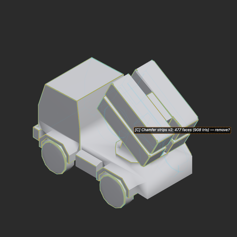 AI annotation proposing removal of chamfer strips: 477 faces, 908 triangles
